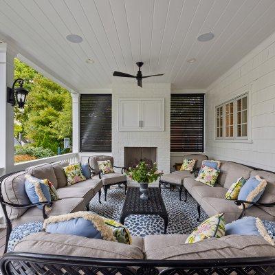 outdoor living area second floor deck built-in outdoor TV cabinet